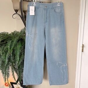 Brand New High Waisted Denim Light Blue Jeans Bows Straight Leg Y2K Baggy
